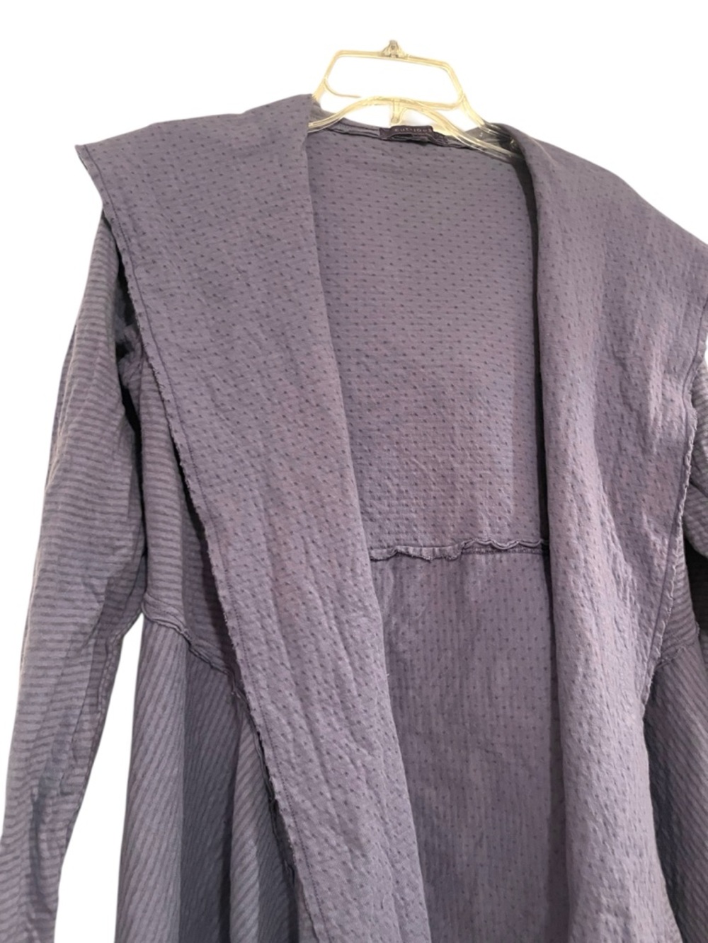 Cut Loose Hooded Jacket Shawl Collar Textured Stripe and Dot Fabric Long Line - Picture 2 of 9
